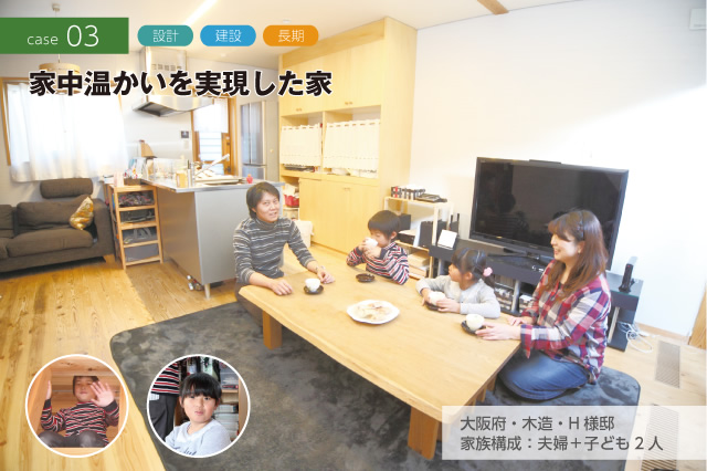CASE03 設計　建築　長期　家中温かいを実現した家　大阪府・木造・H様邸　家族構成：夫婦＋子ども2人